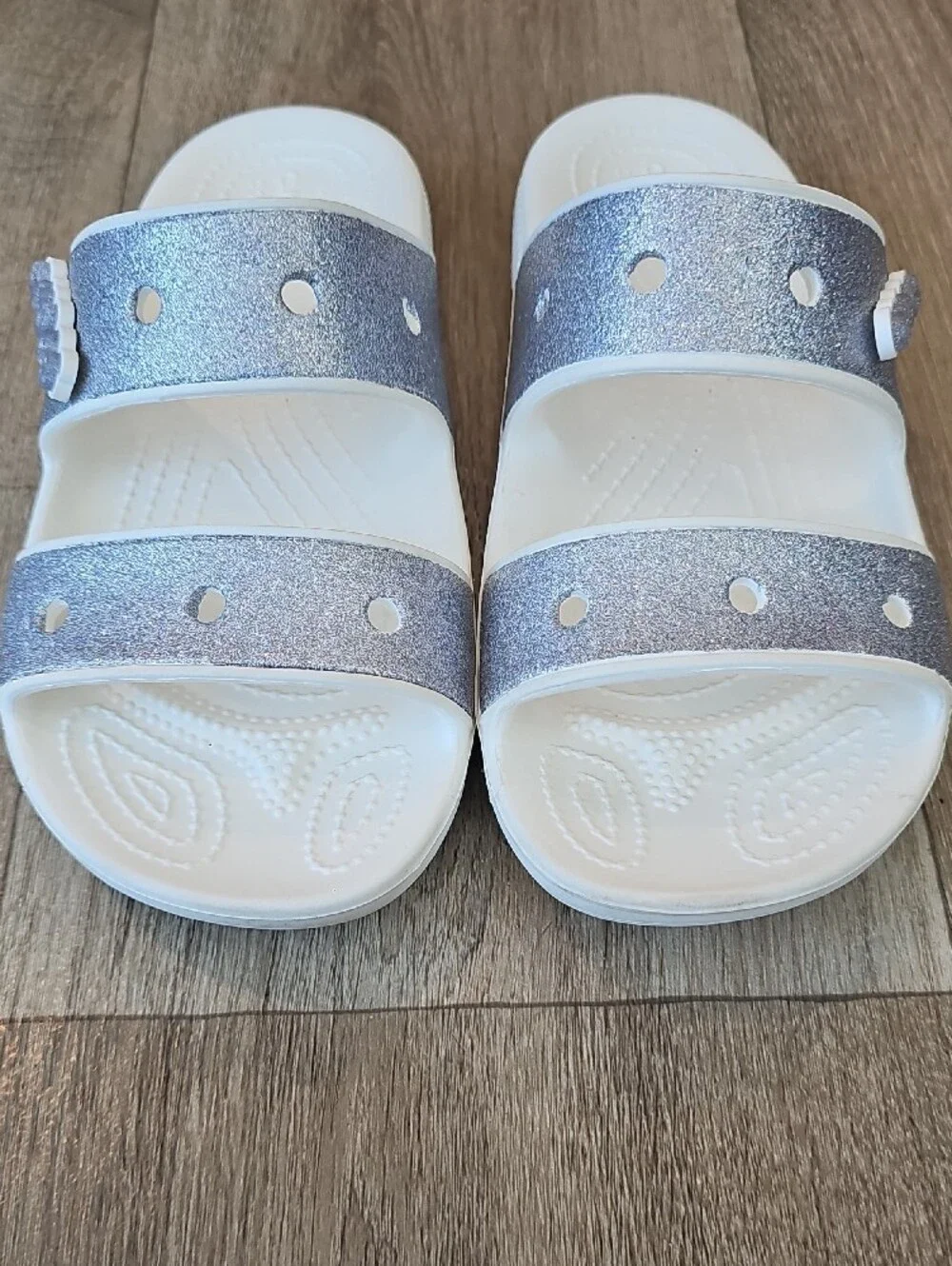 CROCS Kids' Older Girl Size 6 Glitter Double-Strap Slide Sandals.